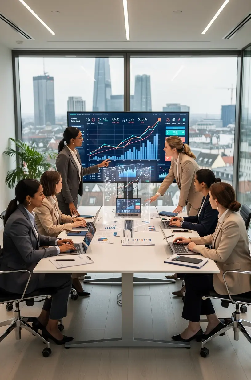 Professioneller Geschäftsmann nutzt digitale Tools zur Portfolio-Optimierung in einem modernen Büro